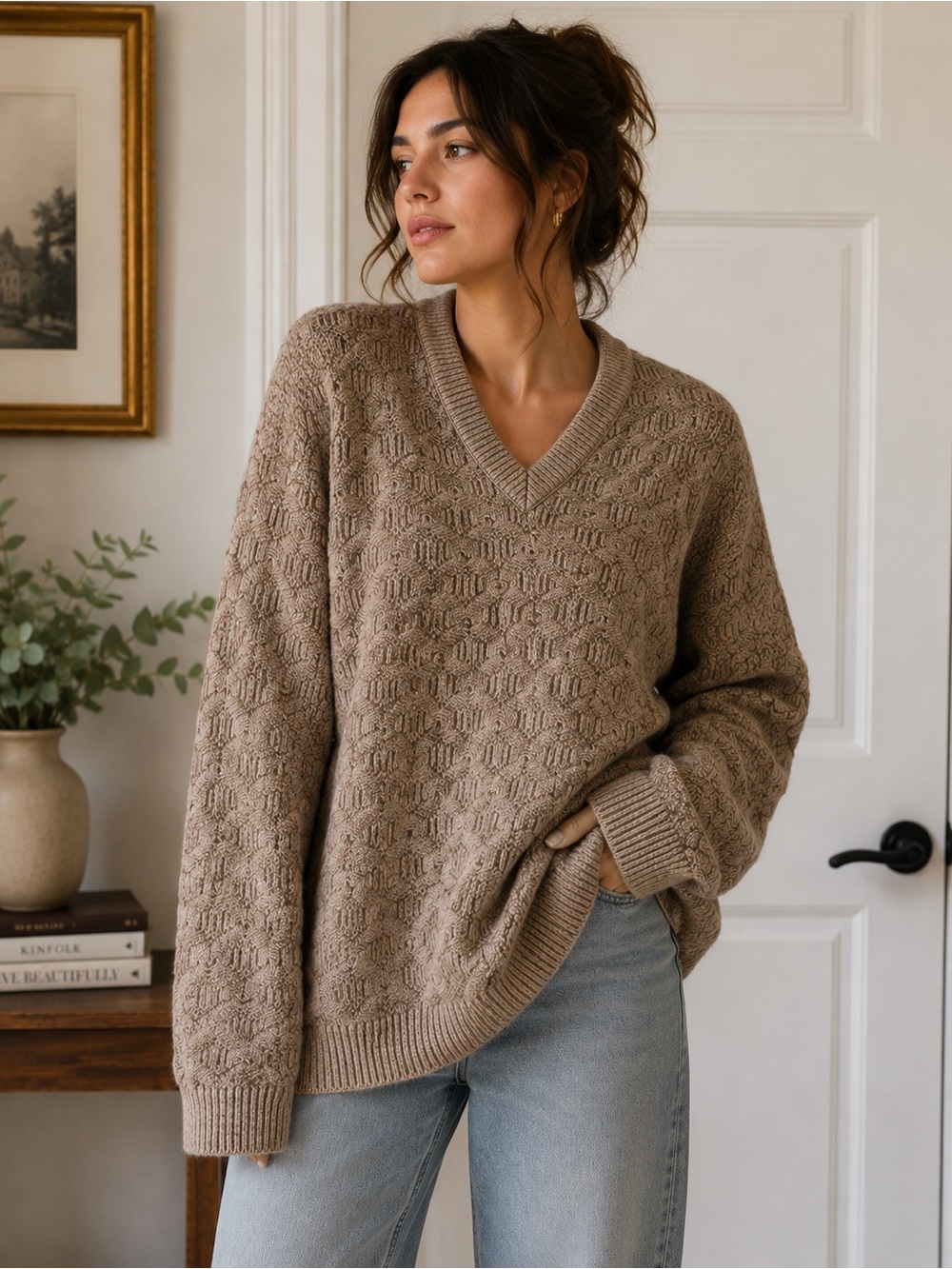Hunt Club Taupe Cable V-Neck Sweater